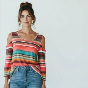 Lilypad Colorful Multi Color Striped Cold Shoulder Tunic Top
